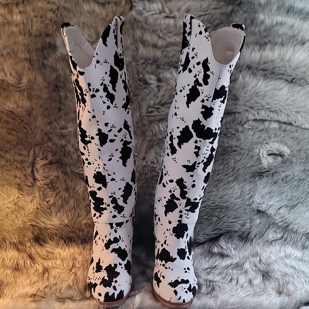 Altar'd State Black and White  Cow Patterned Heeled Boots - Picture 3 of 16
